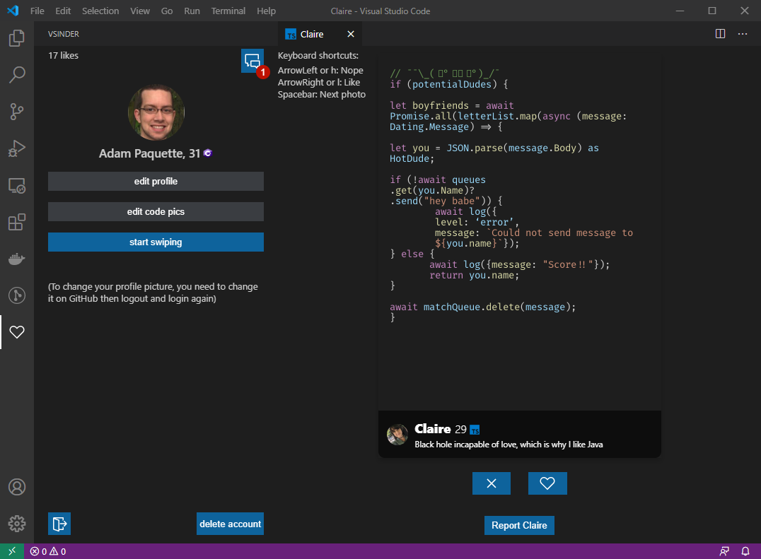 Tinder is now on VS Code!